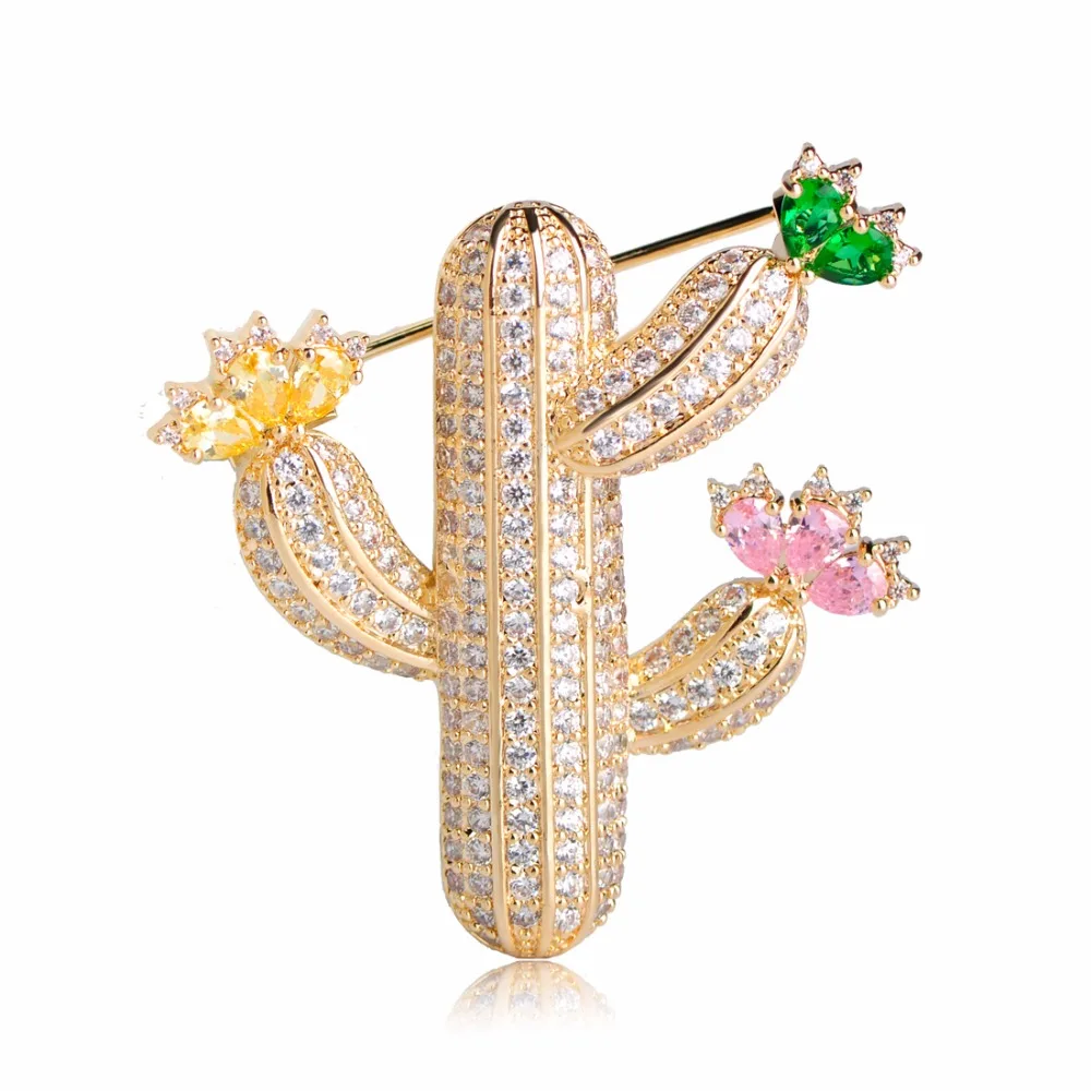 

Dazz Colorful Cubic Zircon Cactus Shape Brooches Gold-Color Copper Plant Brooch Corsage Women Men Breastpin Lapel Pins Bijoux