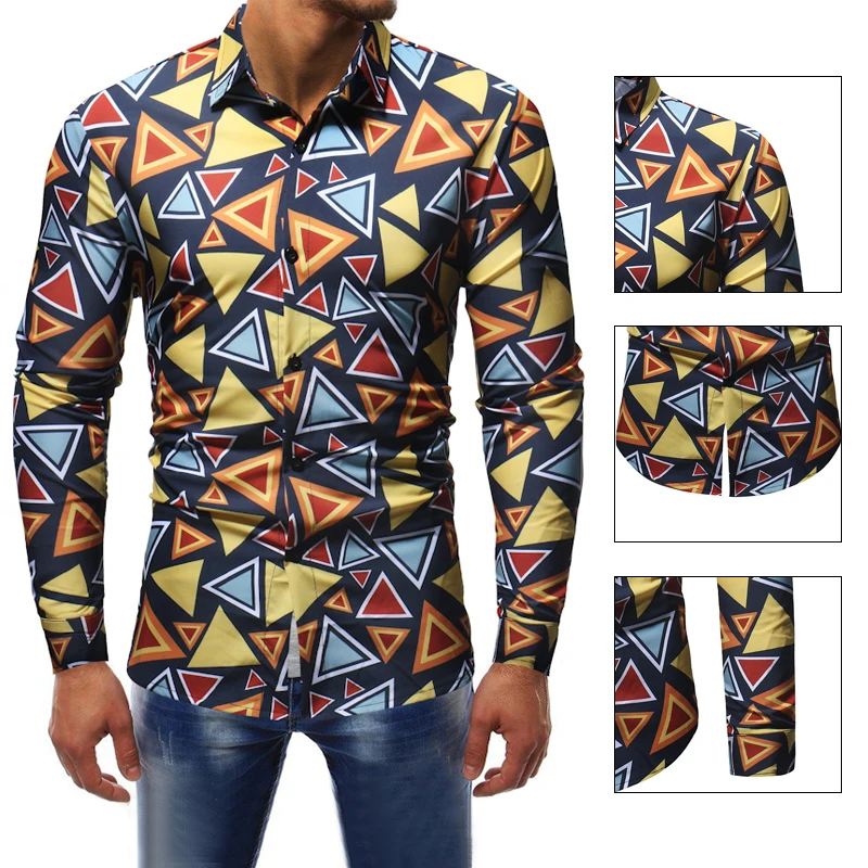 Male Slim Shirt Casual Geometric printed Men Long Sleeve Korean camisa shirts vintage Linen Fashion | Мужская одежда