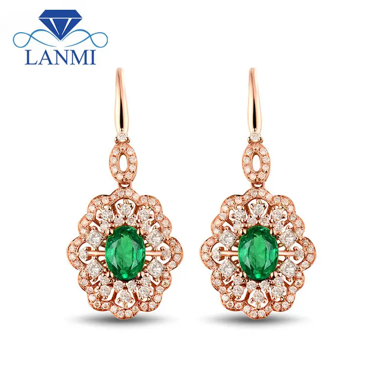 

Genuine Emerald Earrings Oval Shape Solid 18K Rose Gold Diamond Gemstone Jewelry Luxury Design for Wife Christmas Gift SE0303