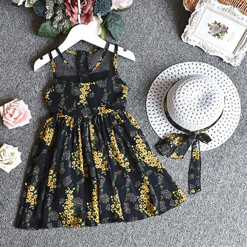 2PCS Toddler Kids Baby Girl Outfit Clothes Chiffon Floral Vest Dress+Sun Hat Set 0410 | Детская одежда и обувь