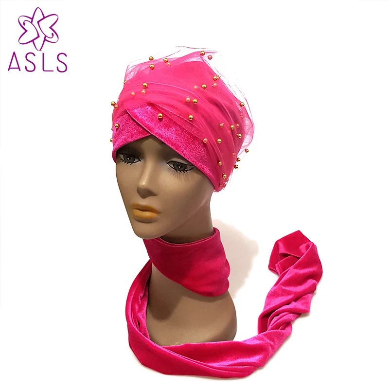 Новый роскошный золотой головной платок с бисером и сеткой, мягкий бархатный нигерийский экстра-длинный тюрбан хиджаб с двойной застежкой для женщин.