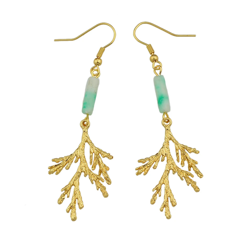 FANHUA New Arrival Brand Earrings Gold-Color Metal with White Green Stone Tree Branches Dangle for Women | Украшения и аксессуары