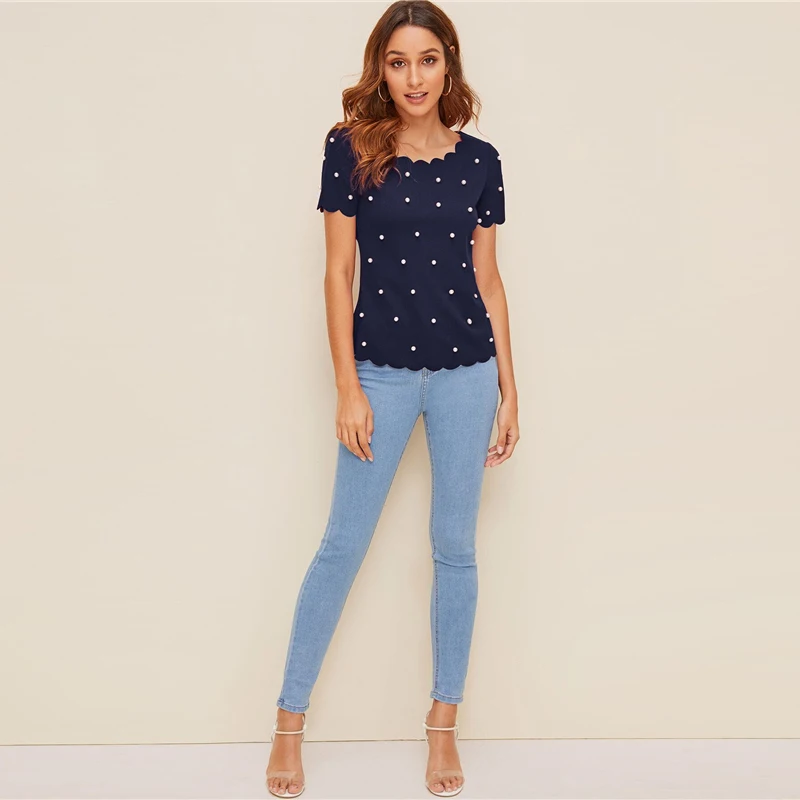 SHEIN модный топ, украшенный жемчугом, с фигурной отделкой,, однотонный, элегантный, облегающий, летний, короткий рукав, женская одежда, топы и блузки