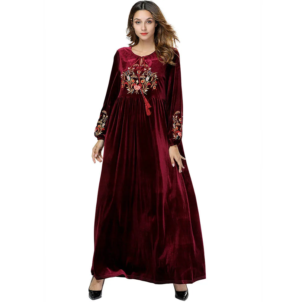 Женское бархатное платье макси мусульманское винтажное с цветочной вышивкой в
