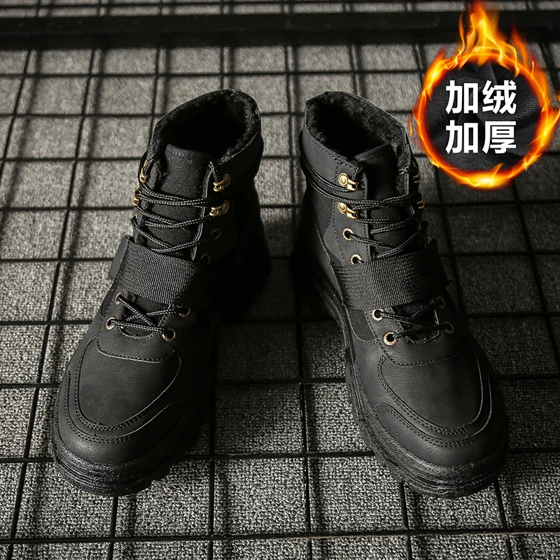 Мужские ботинки на меху Черные ботильоны с резиновой подошвой повседневная