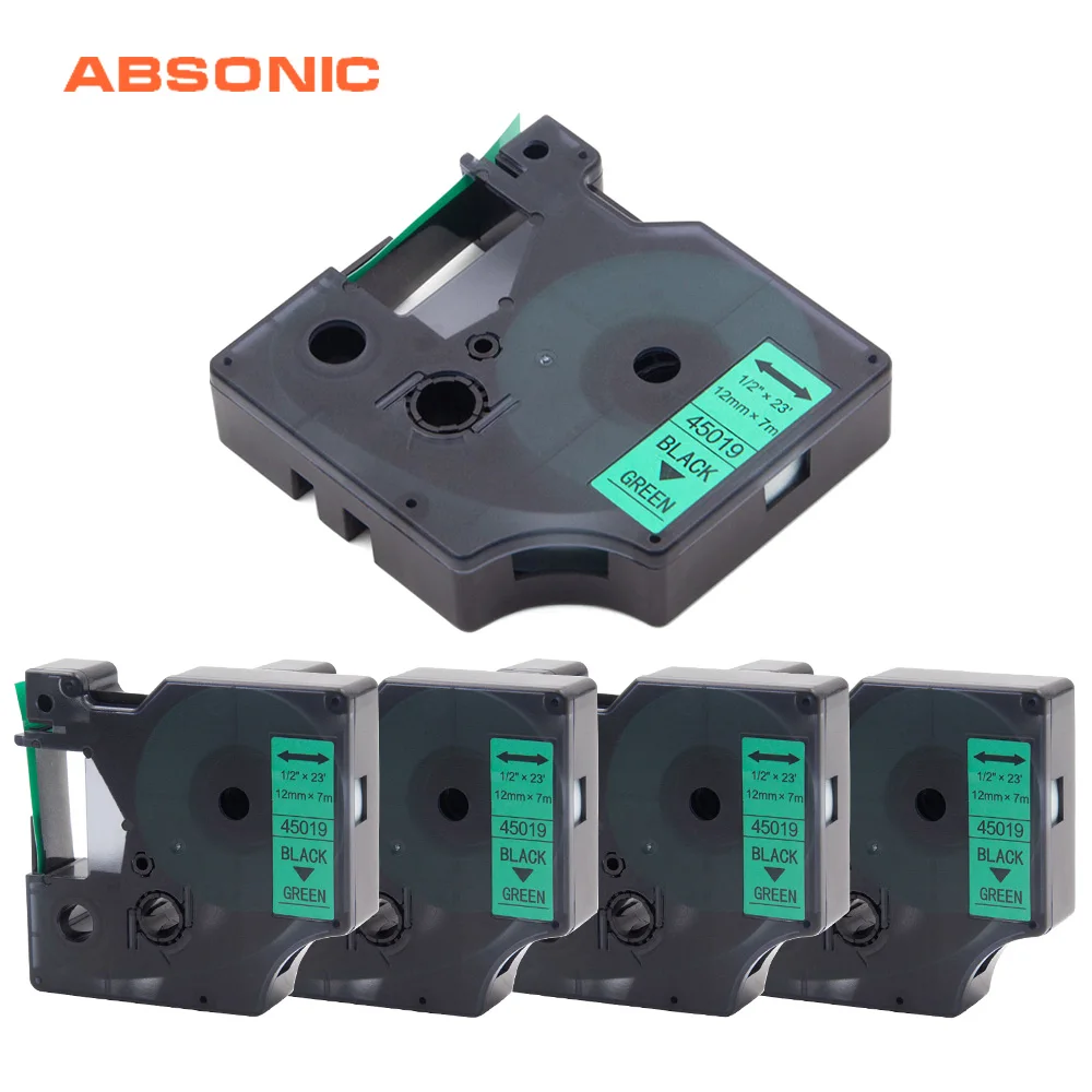 Absoonic 5 шт. 12 мм лента для заправки DYMO D1 45019 черный на зеленый совместимый с LabelManager PnP