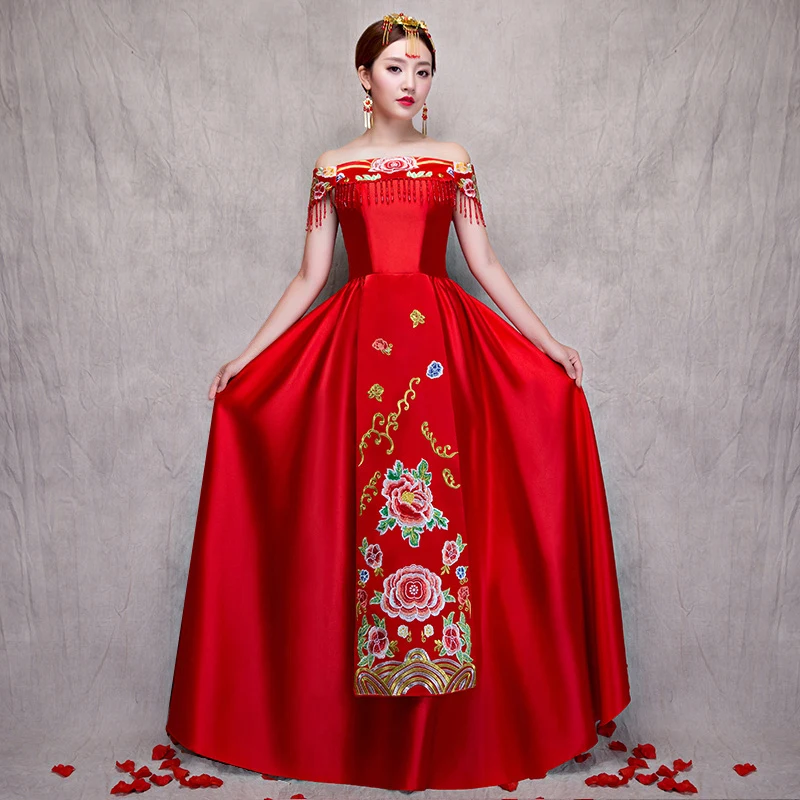 Красное свадебное платье традиционное китайское Qipao Национальный костюм для