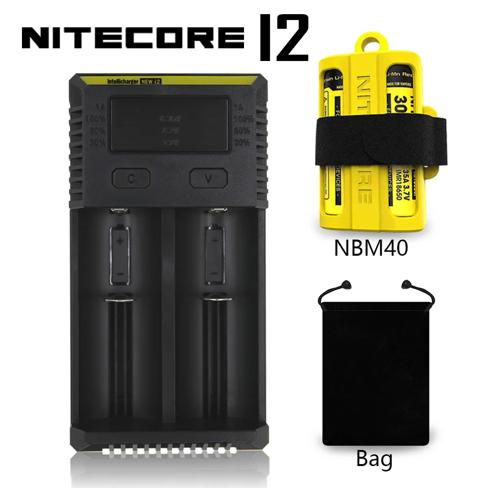 Топ Nitecore i2 intelli-зарядное устройство Универсальное зарядное устройство для AA AAA Li-Ion 26650 18650 14500 батареи зарядка+ Автомобильный Кабель - Цвет: New I2 Bag NBM40