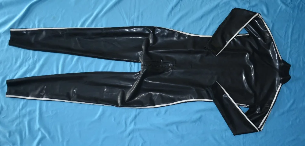 Online Heißer Verkauf Mode Männer 3 Weiß Streifen Latex Catsuit Rubber Body Gummi 0,4mm Overall W Vordere Gabelung Zipper Hot Verkauf
