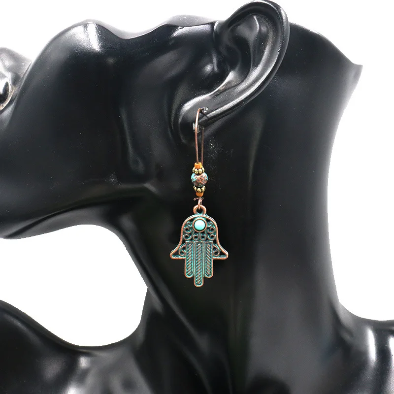 Женские винтажные серьги-подвески Hamsa из зеленой бронзы и латуни с натуральным