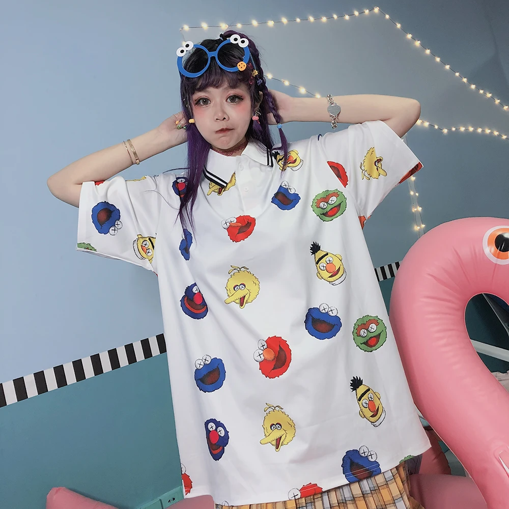 Harajuku милый мультфильм Поло печатных студенческий девушка издание|Футболки-поло|