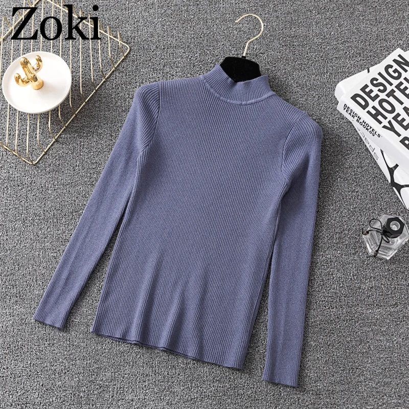 Zoki Autumn Warm Women Sweater Tight Half Turtleneck Elastic Solid Knitted Korean Pullovers Top Long Sleeve Winter Basic Jumper | Женская