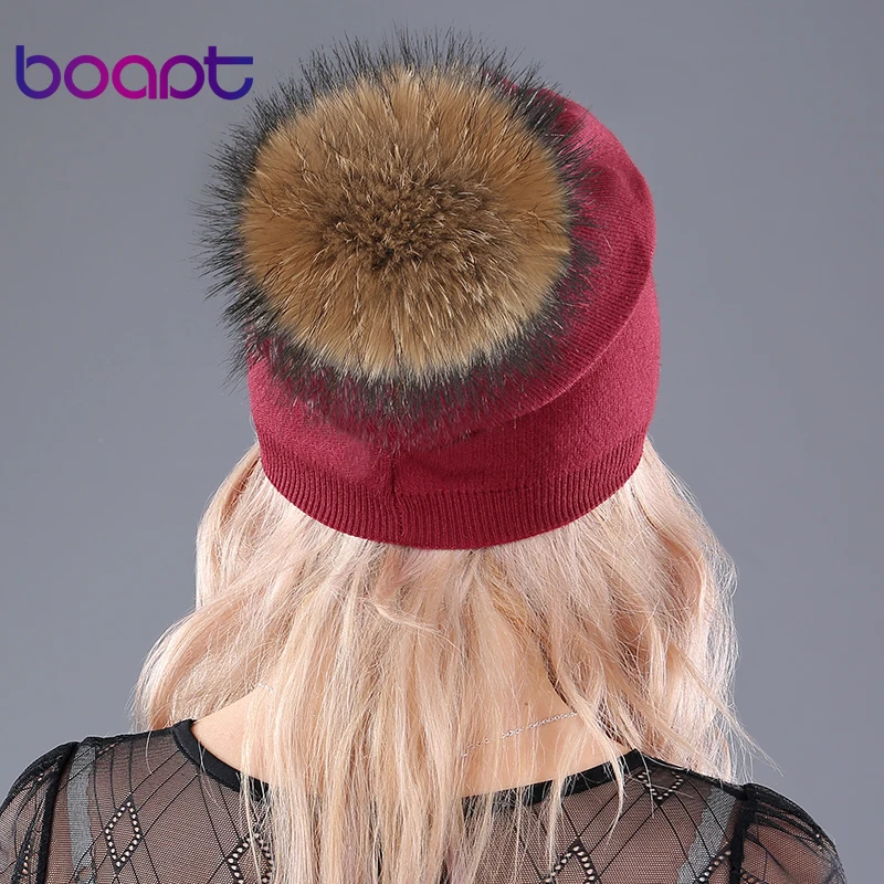 [boapt] натуральный енот мех головные уборы пушистый пом шапочка повседневная кепка