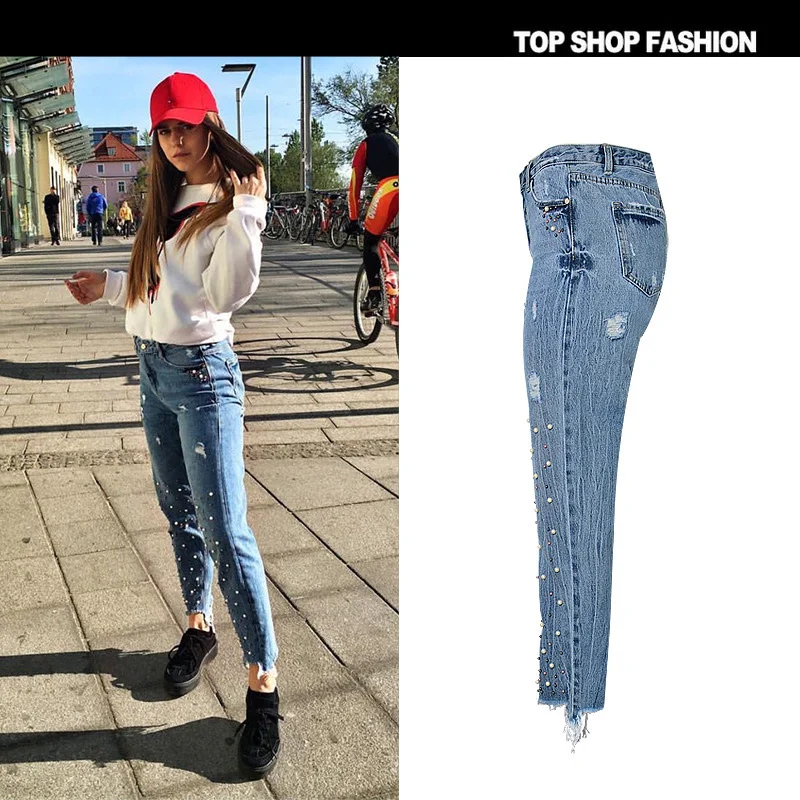 Women Jeans Autumn Winter Fashion Casual Denim Pants For Lady Straight High Waist With Beads Female Holes Ripped Trousers |