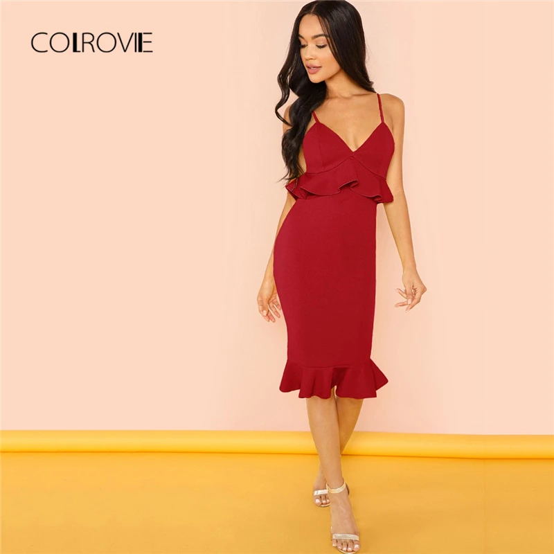 Женское платье комбинация COLROVIE красное на бретельках с треугольным вырезом и