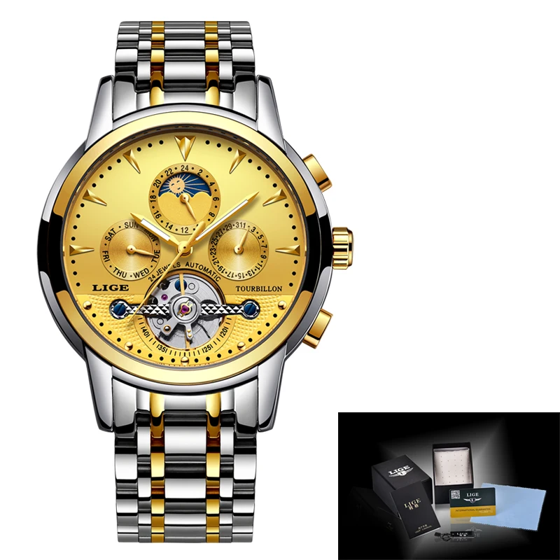 

LIGE Gold Watch Men Skeleton Tourbillon Mechanical Automatic Classic All steel Mechanical Wrist Watchs Reloj Hombre 2018 Relogio