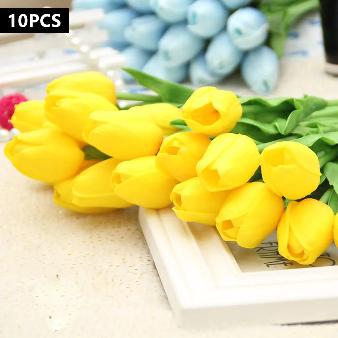 Yellow 10 шт./лот, искусственный мини тюльпан, настоящий свадебный букет, искусственные цветы из шелка для украшения дома, вечерние - Цвет: Yellow