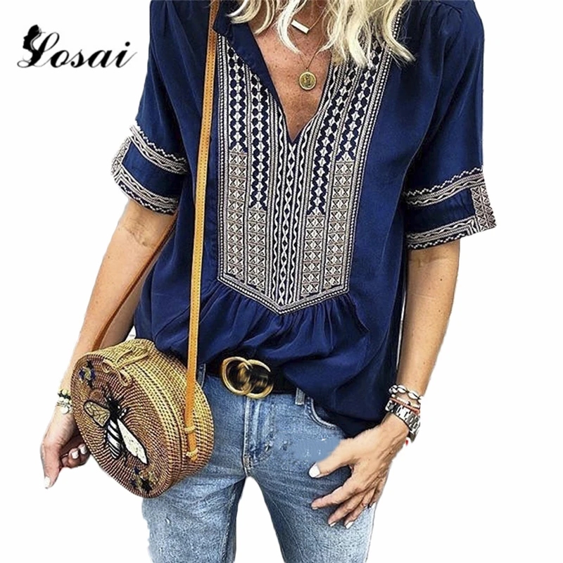 Женская пляжная туника Boho летняя с коротким рукавом и треугольным вырезом