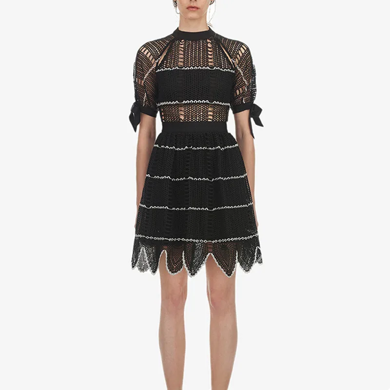 black VERHELLEN платье для автопортретов летние женские с коротким рукавом выдалбливают Черное Кружевное элегантное короткое мини-платье - Цвет: black