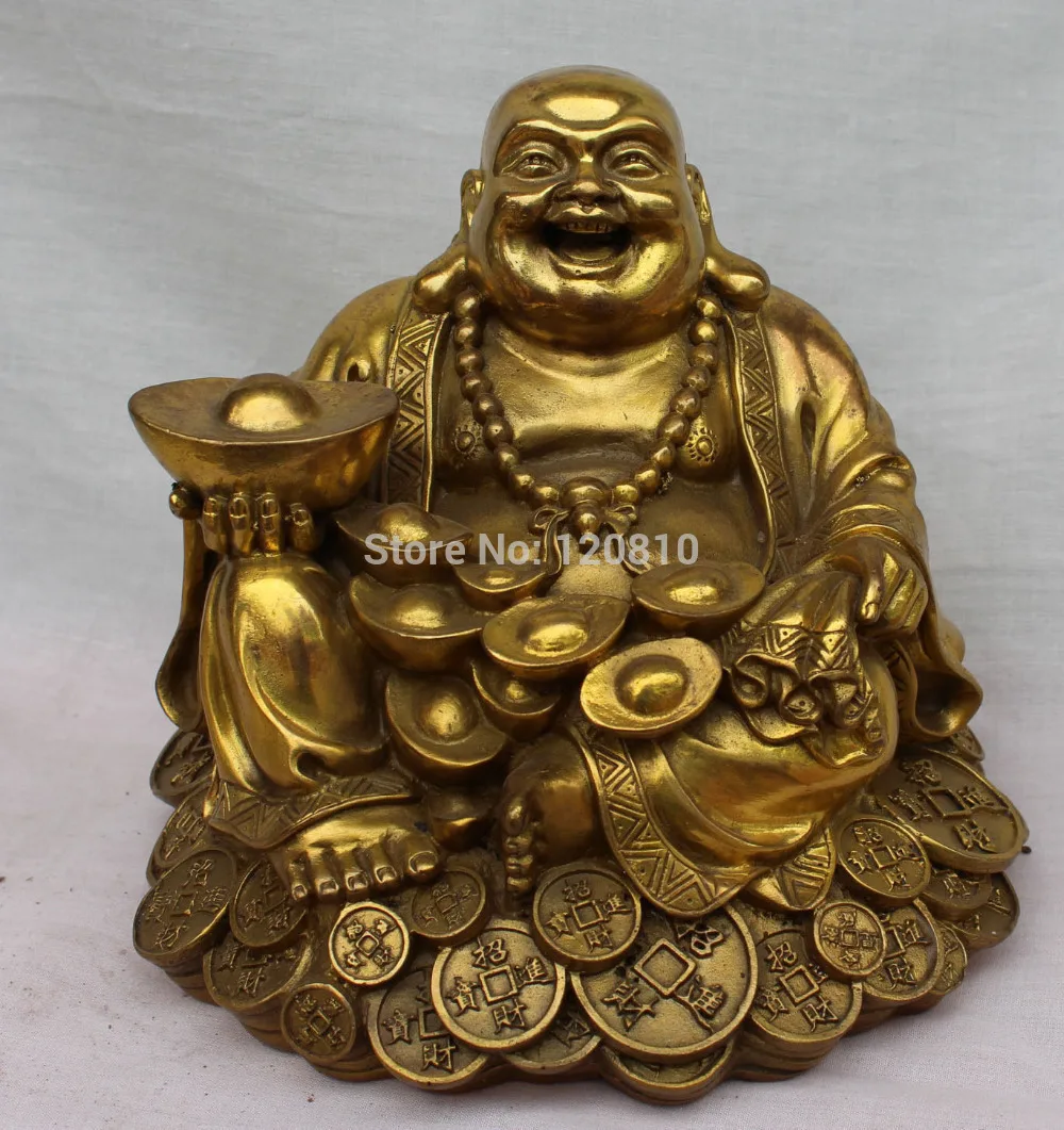 

Chinese Bronze Wealth YuanBao Money Happy Laugh Maitreya Buddha Bead Statue