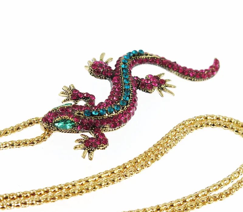 Массивное ожерелье Gecko Ящерица с кристаллом длинная цепочка под свитер кулон