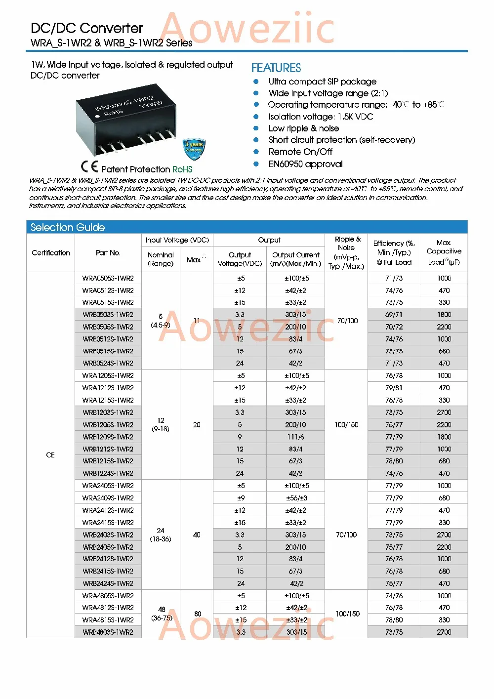 Aoweziic 2 шт./лот WRB2424S 1WR2 1W новый оригинальный SIP7 вход: 18 36 в Регулировка: 24 В 0.04A DC 1.5KV