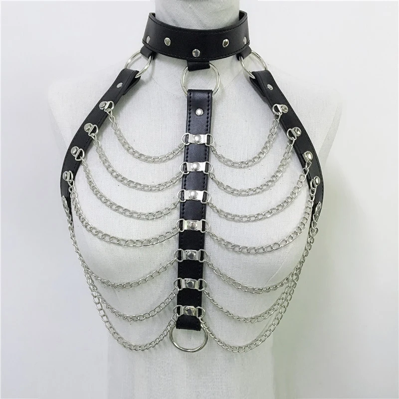 Summer Goth Black Leather 2 Piece Sets Multilayer Link Chain Bra Harness Long Tassel Garters Belts Clubwear Sexy Matching | Женская
