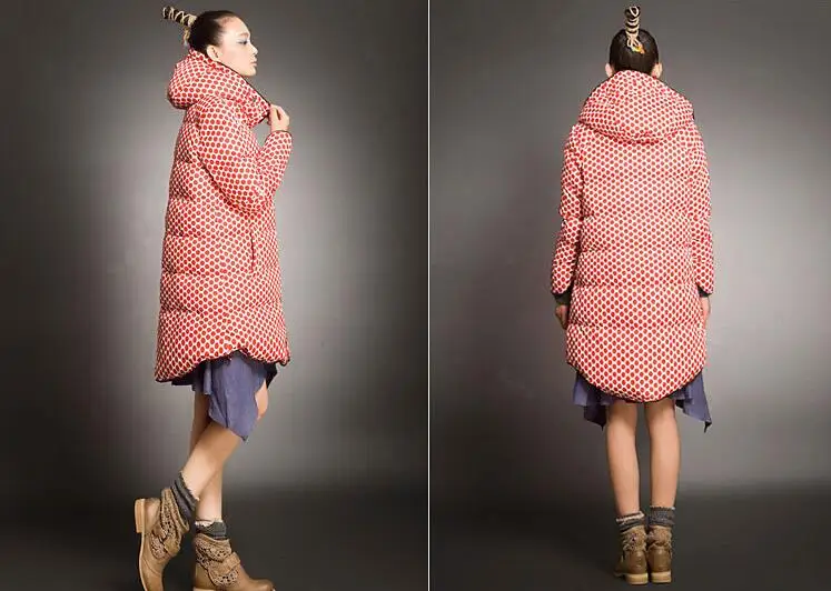 Женский пуховик в мелкий горошек зимнее пальто с капюшоном плотное пуховое