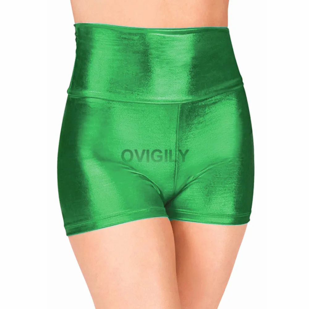 Green OVIGILY Женские королевские синие танцевальные шорты с высокой талией для взрослых металлические гимнастические шорты золотые рейв попой шорты черные Cheer шорты - Цвет: Green