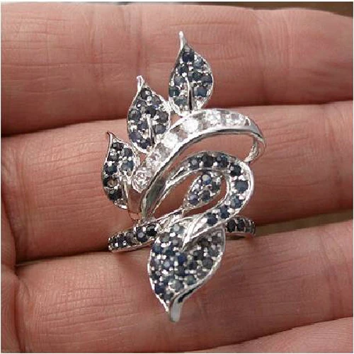 Qi Xuan_Fashion Jewelry_Dark Blue Stone Luxury Leavies Rings_S925 Solid Silver Fashion rings_производитель прямая