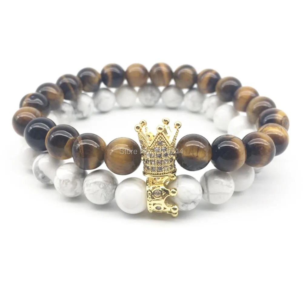 Модный дизайнерский мощный браслет CZ0066 с короной 8 мм натуральный Howlite Tiger Eye