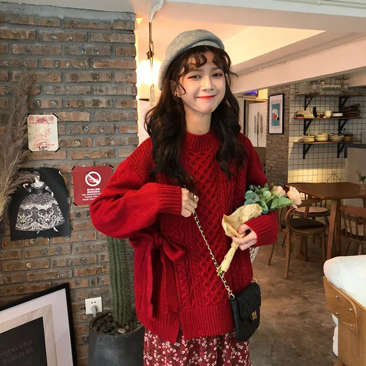 2019 Streetwear Europe women O-neck sweaters pull jumpers casual Spilt Lace up warm female oversized sweater pullover | Женская одежда