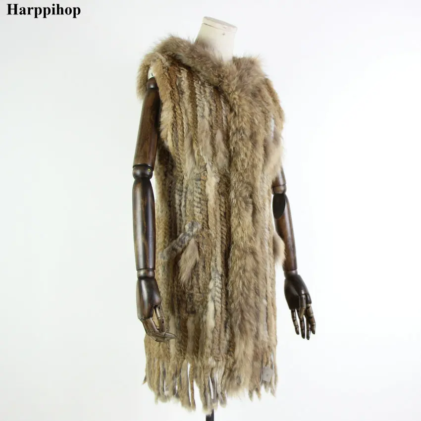 grass yellow Harppihop* женский жилет из натурального кроличьего меха с капюшоном, модный воротник из меха енота, жилеты, теплый длинный жилет из натурального меха - Цвет: grass yellow