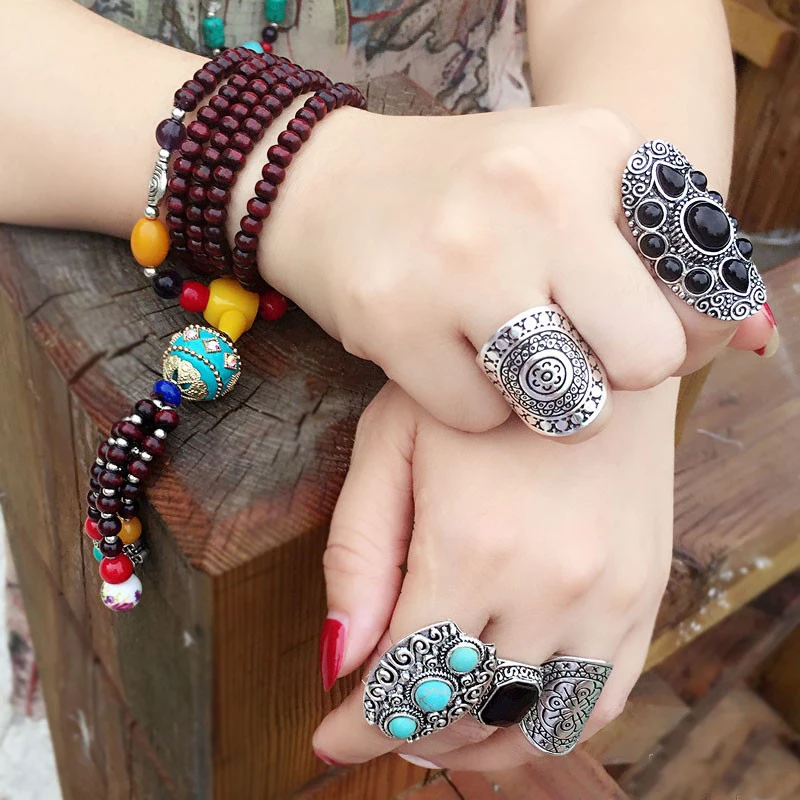 Винтажное кольцо в стиле бохо с выгравированным цветком и широким пальцем