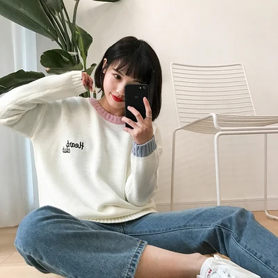 2 цвета осень и зима 2016 корейский стиль пэчворк вышивка буквы пуловер свитера для