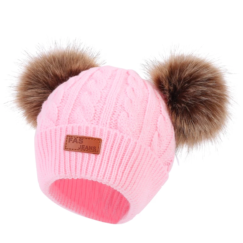 light pink Детская шляпка, связанная крючком Двойная съемная шапка с помпоном для маленьких девочек зимние детские шапки с помпоном из искусственного меха детские шапки - Цвет: light pink