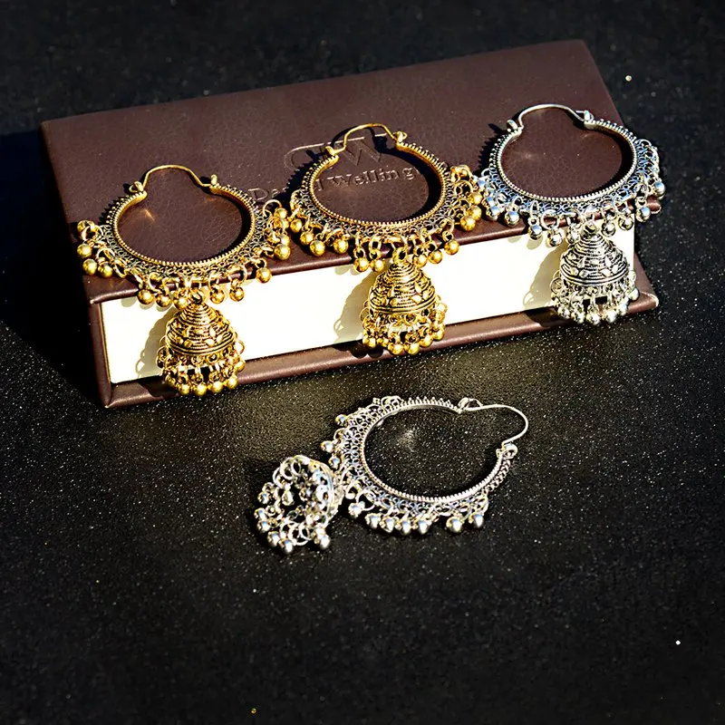 TopHanqi Бохо Индийская Jhumka большой колокольчик Висячие серьги для женщин винтажные серебряные металлические круглая серьга круга цыганские украшения