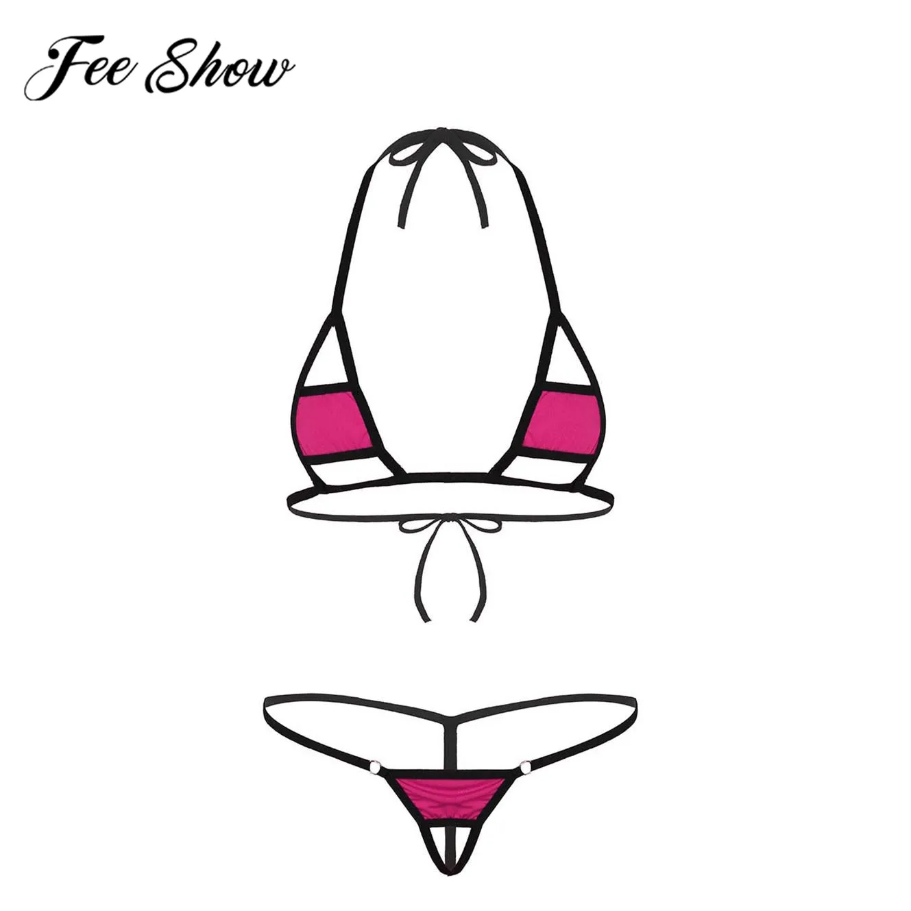 Sexy Women Lingerie Set Halter Neck Self-tie Mini Micro Bikini Bra Top with G-String Bottom Briefs Underwear Underpants Swimwear |