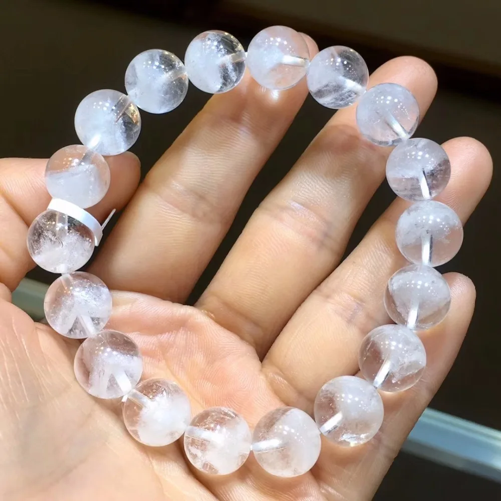 Браслет женский из натурального белого кварца с круглыми бусинами 10 мм|Гибкие и