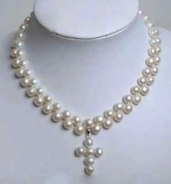 Ожерелье из жемчуга 7-8 мм Очаровательное ожерелье с кулоном в виде креста