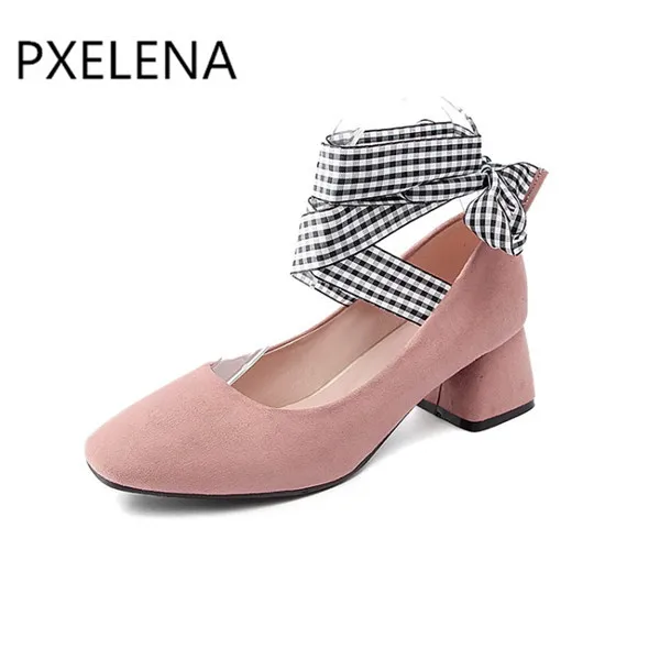 Туфли-лодочки PXELENA 2018 Женские клетчатые с перекрестной шнуровкой и квадратным