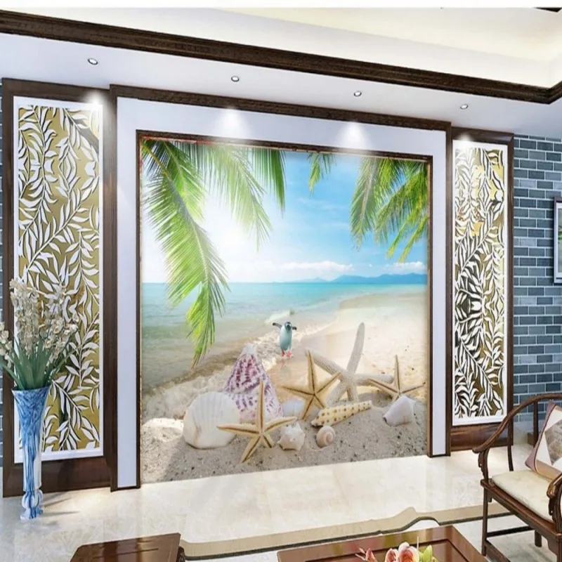 Dropship Fatman Photo Wall Mural Blue Wallpaper Beach Sea Coconut Trees Summer Landscape TV Background Tapety 3D | Обустройство дома