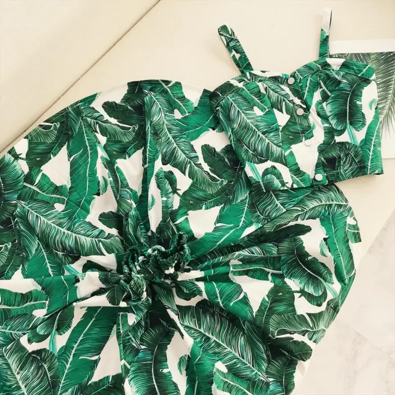 Женский костюм из двух предметов топы на пуговицах с принтом листьев + юбки