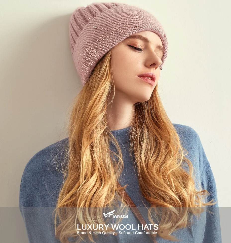 VIANOSI New Fashion Wool Winter Hats for Women Beanies with Pearl Fashion Warm Cap Brand Bonnet