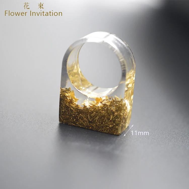 

HJ09 Flower Invitation Square Ring Finished Product Handmade Metal Foil Resin Small Fresh