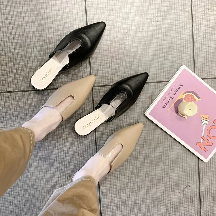 

Summer retro literary shallow mouth pointed head Baotou transparent half drag Muller shoes wear low with a word drag women