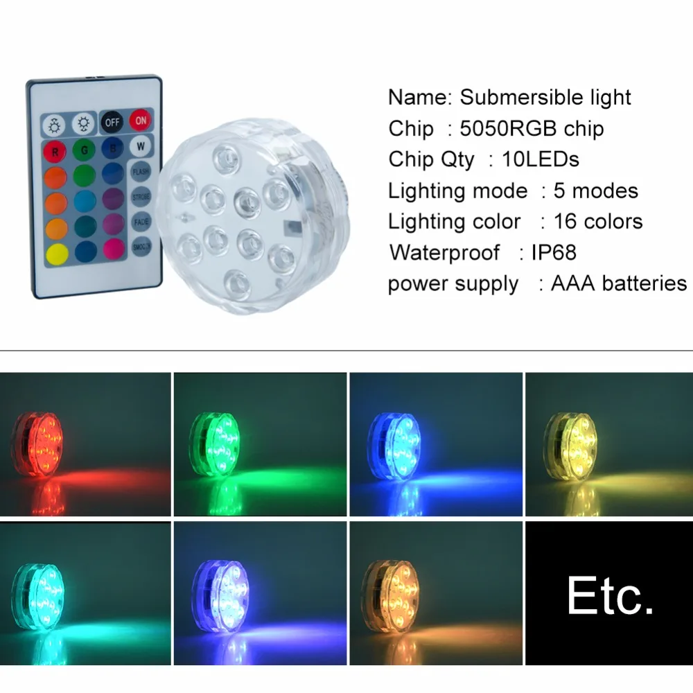 Foxanon подводный свет 10Led с дистанционным управлением RGB погружной на батарейках