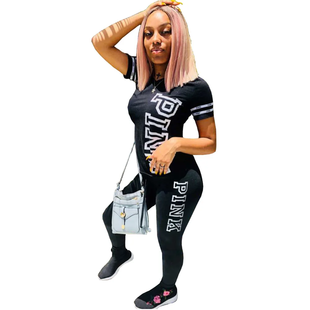 2018 Женский Повседневный Спортивный костюм розовая футболка с буквенным принтом +