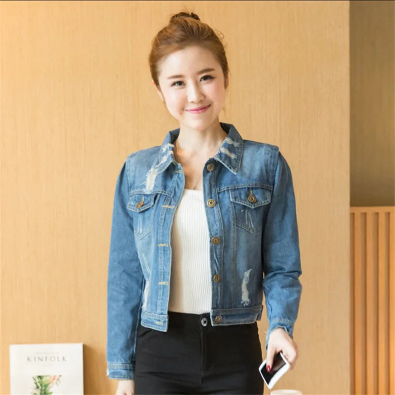 Новинка 2017 женская джинсовая куртка Весенняя мода рваные джинсы пальто с длинным