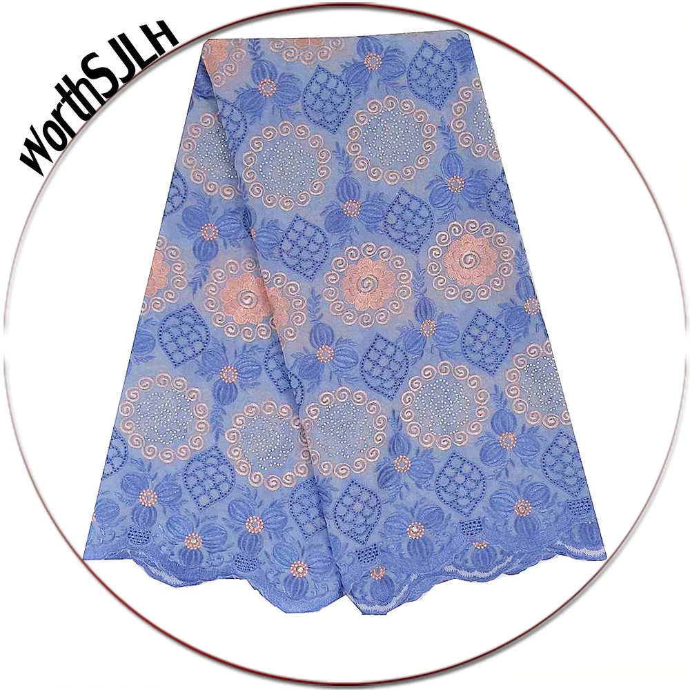 

5 Yard African Lace Fabric 2019 High Quality Swiss Voile Lace In Switzerland Sky Blue Cotton Wedding Lace Fabric With Stones